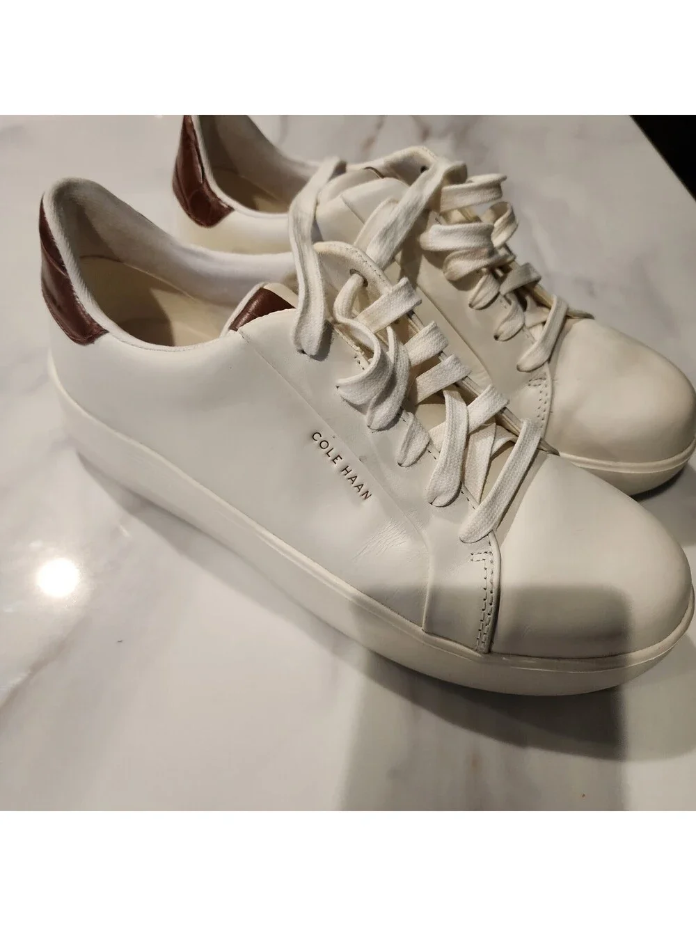 New Cole Haan GrandPro White Leather Sneakers Brown Heel Women's 9.5 B